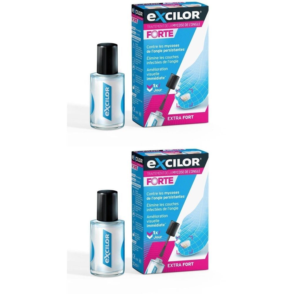 Deux flacons et emballages Excilor Forte. Flacons avec bouchon noir, emballage avec nom du produit et application.