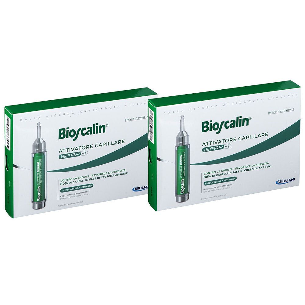 Deux boîtes de Bioscalin® Activateur capillaire. Boîtes blanches avec bande verte et image du produit. Texte : Bioscalin, Activateur, iSFRP-1.