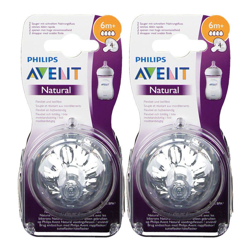 Zwei Packungen Philips Avent Natural Sauger ab 6 Monaten. Verpackung mit Produktabbildung und Produktnamen. BPA-frei.