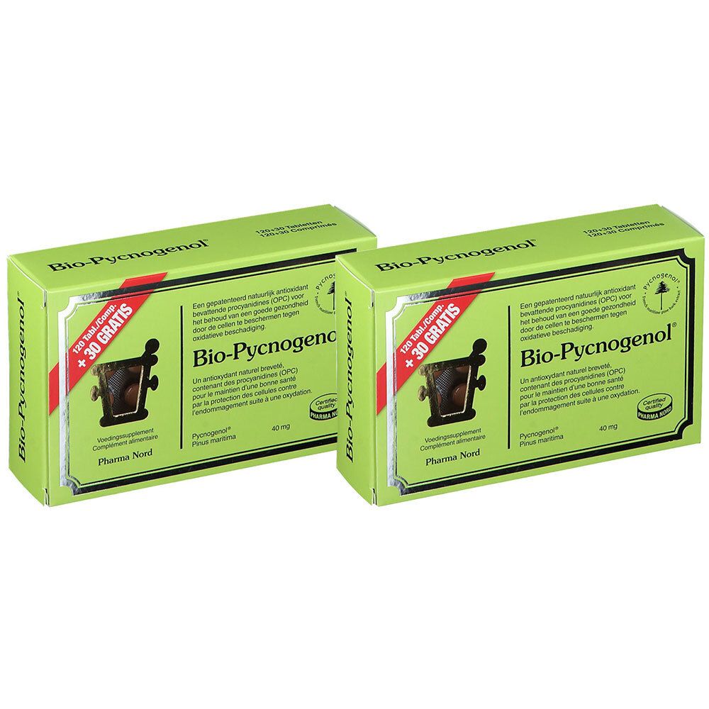 Deux boîtes vertes "Bio-Pycnogenol". Inscription "+30 GRATIS". Logo Pharma Nord.