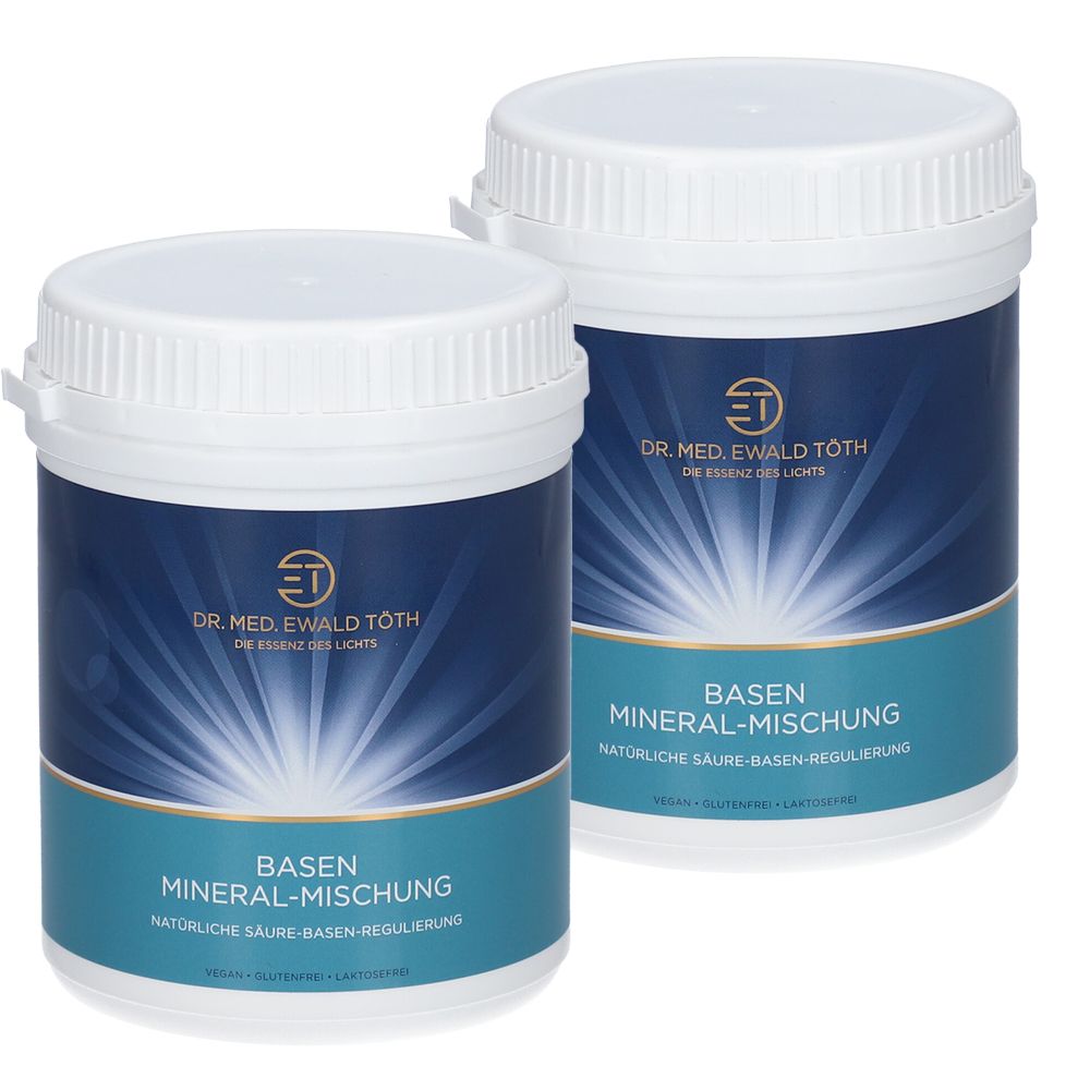Deux contenants cylindriques avec couvercles blancs. Inscription: Dr. Ewald Töth, Basen Mineral-Mischung. Étiquettes bleues et turquoise.
