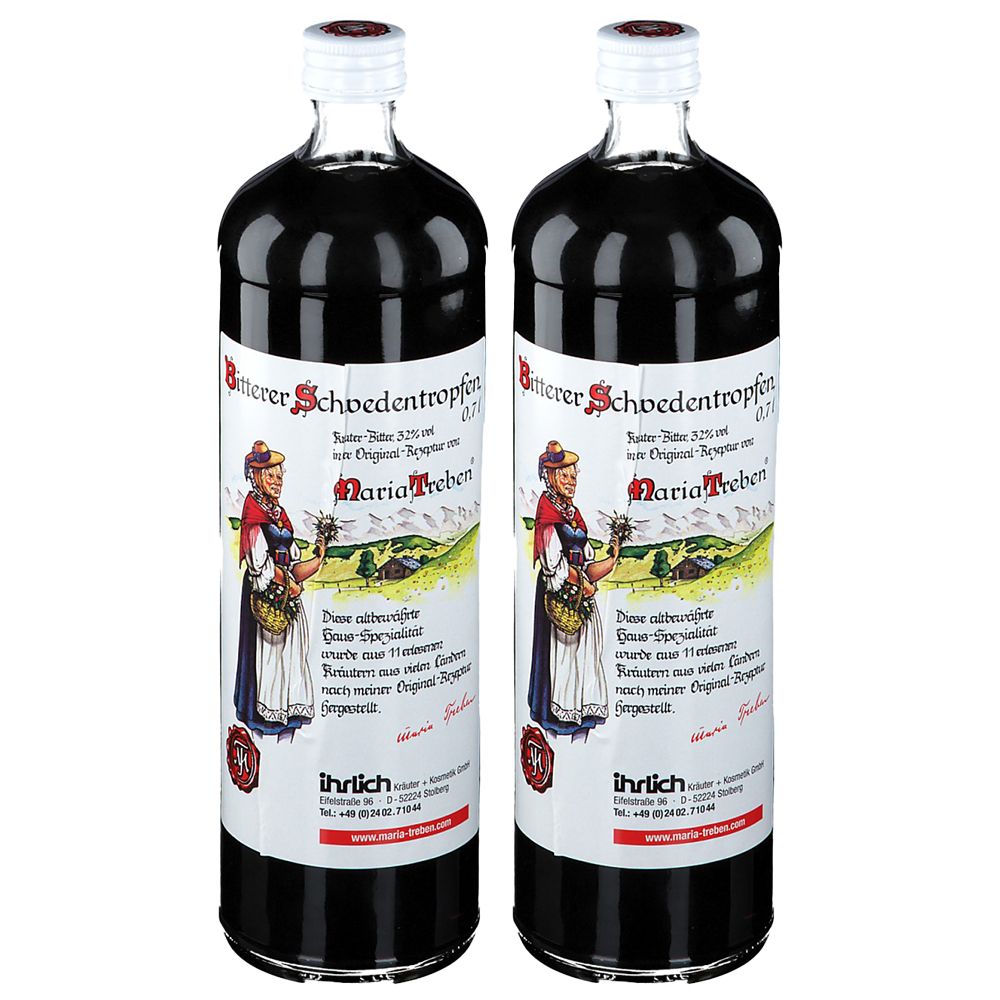 Deux bouteilles de liquide foncé. Étiquette avec texte et illustration de femme. Inscription : Maria Treben® Bitterer Schwedentropfen.