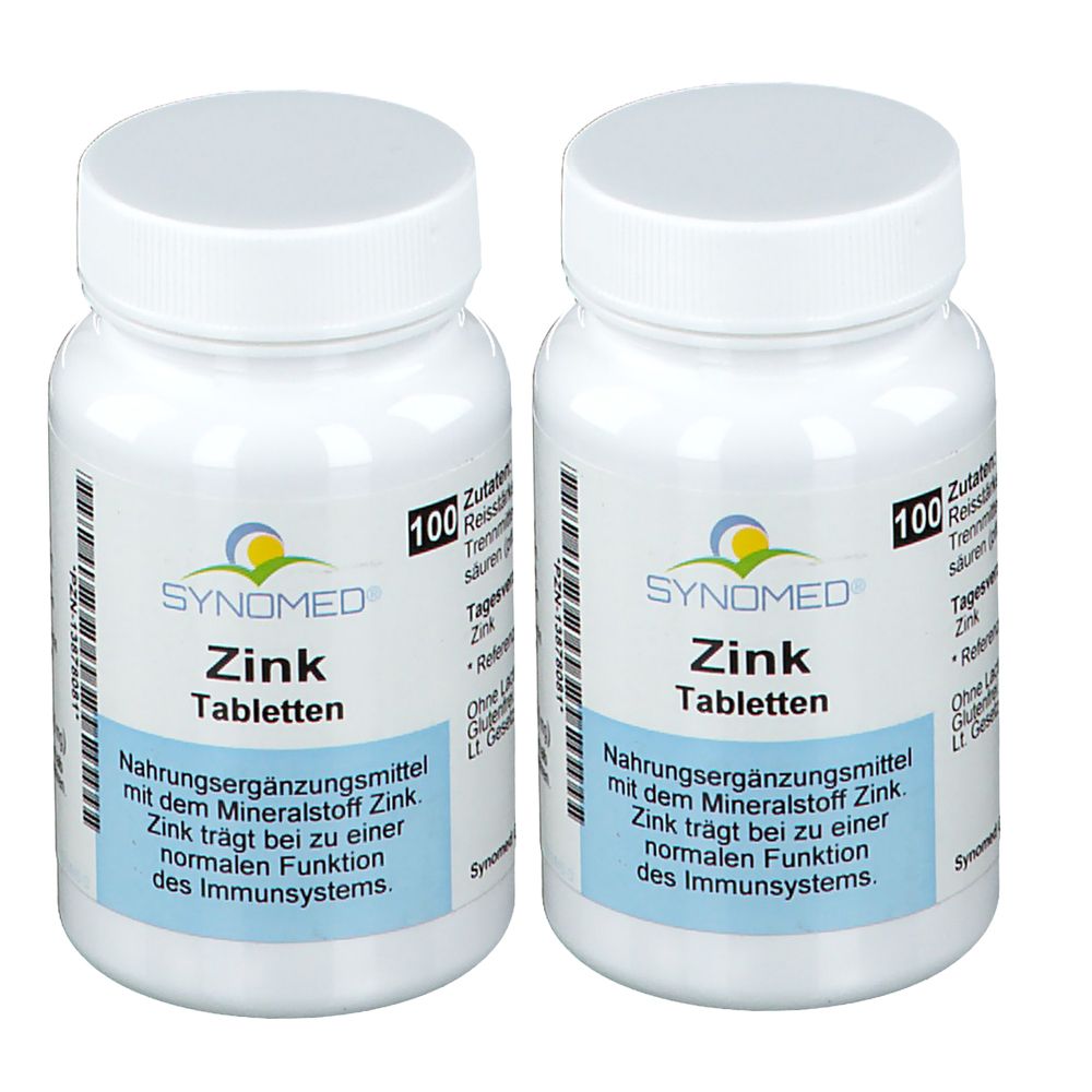 Zwei weiße Flaschen mit Schraubverschluss. Auf den Etiketten steht "SYNOMED Zink Tabletten".