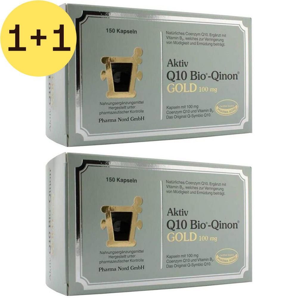 Deux boîtes de Q10 Bio-Qinon Gold 100 mg. Inscription : 150 capsules. Logo doré. Offre 1+1. Pharma Nord GmbH.