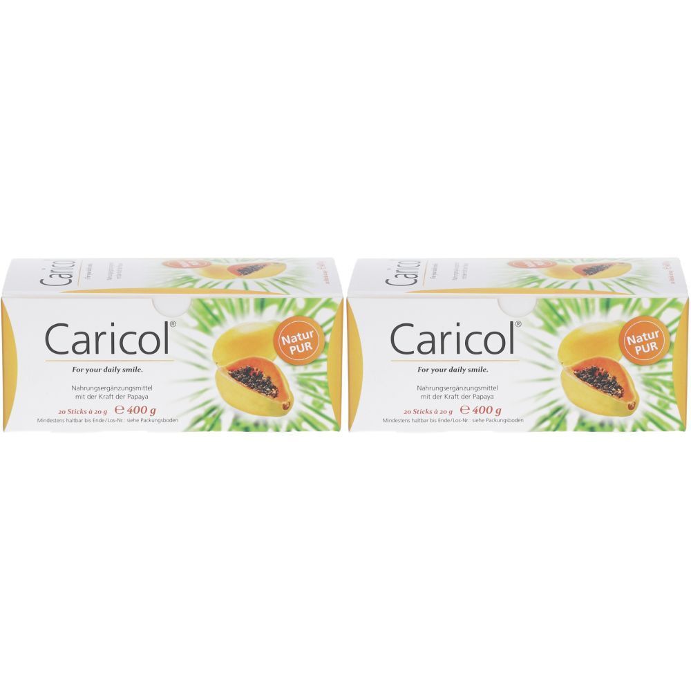 Deux boîtes de Caricol®. Emballage jaune avec illustration de papaye. Texte : Natur PUR, 400g.