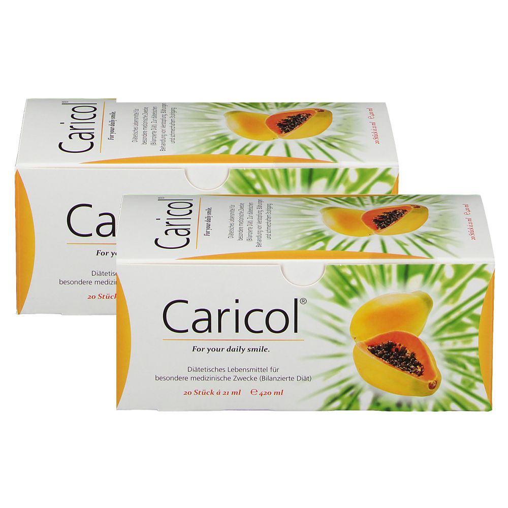 Zwei Schachteln Caricol. Aufdruck: Papaya-Abbildung, Schriftzug Caricol, "For your daily smile."