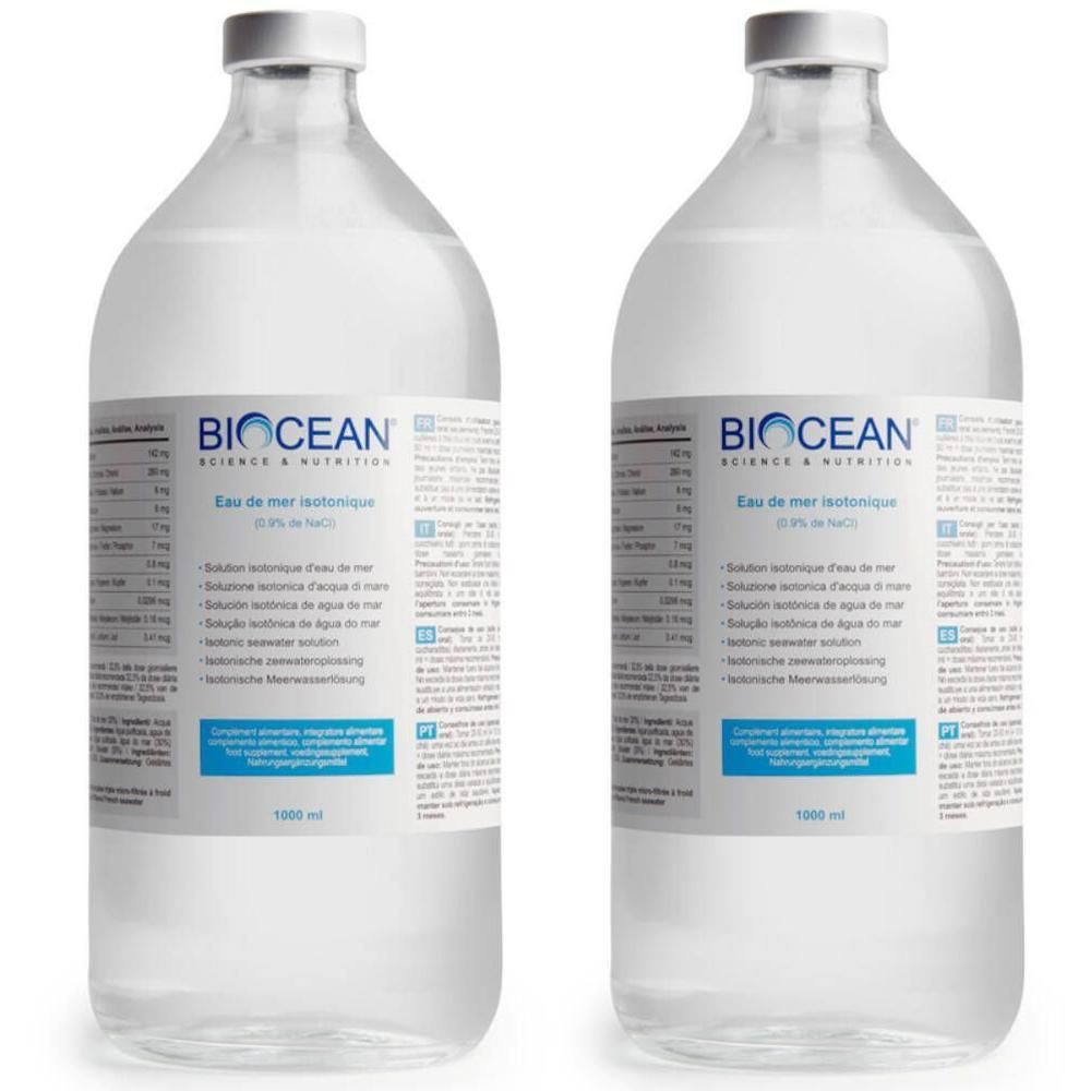 Deux bouteilles en verre d'eau de mer isotonique Biocean, 1000 ml.