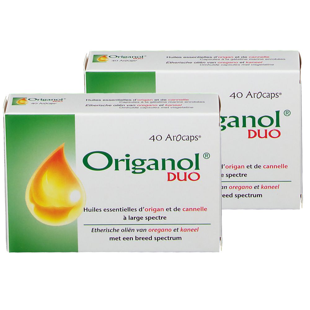 Zwei weiße Kartons mit „Origanol DUO“-Logo und Text. Aufdruck: 40 Arocaps. Abgebildet ist ein gelber Tropfen.