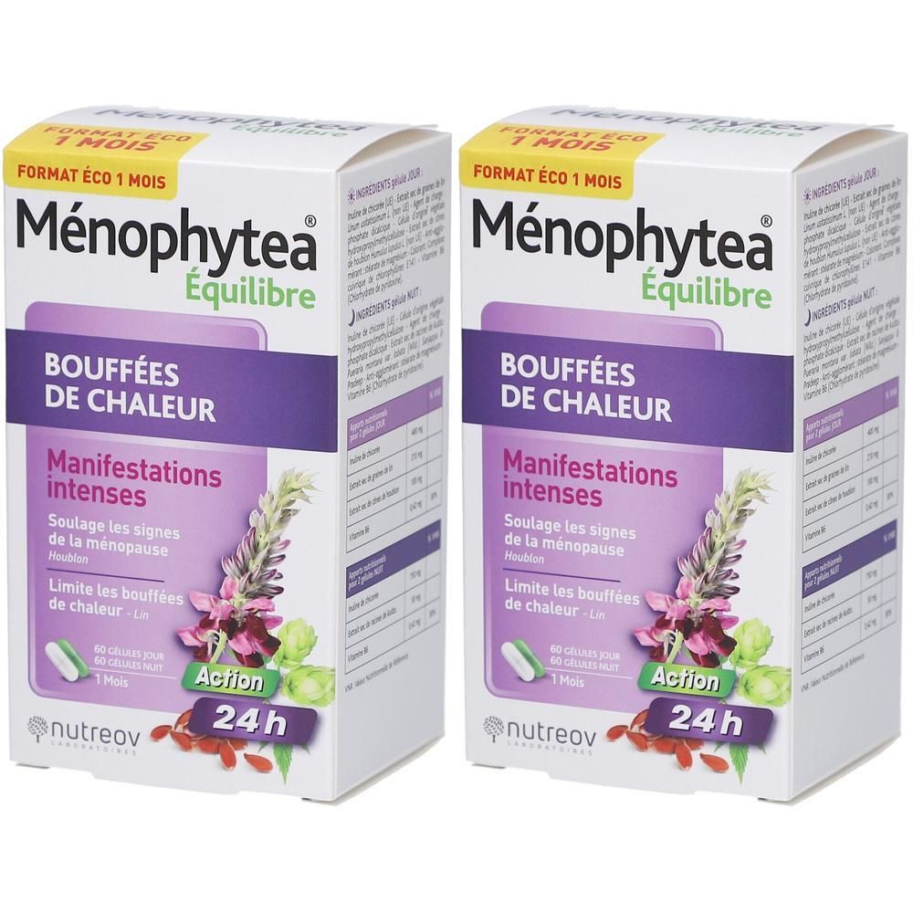 Deux boîtes Menophytea Équilibre. Inscription: Bouffées de Chaleur, Manifestations intenses. Offre 1+1.