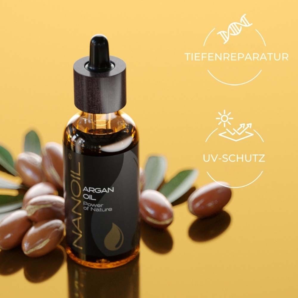 Flasche mit schwarzem Etikett. Aufschrift: NANOIL, Argan Oil. Symbole: Tiefenreparatur, UV-Schutz. Arganfrüchte.