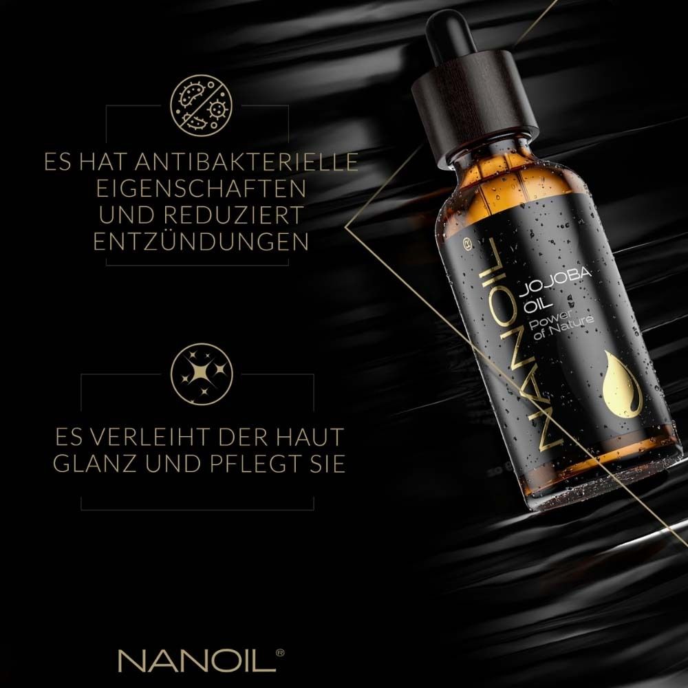 Flacon avec texte. Flacon en verre brun avec étiquette noire. Texte: NANOIL Jojoba Oil. Texte sur les propriétés.