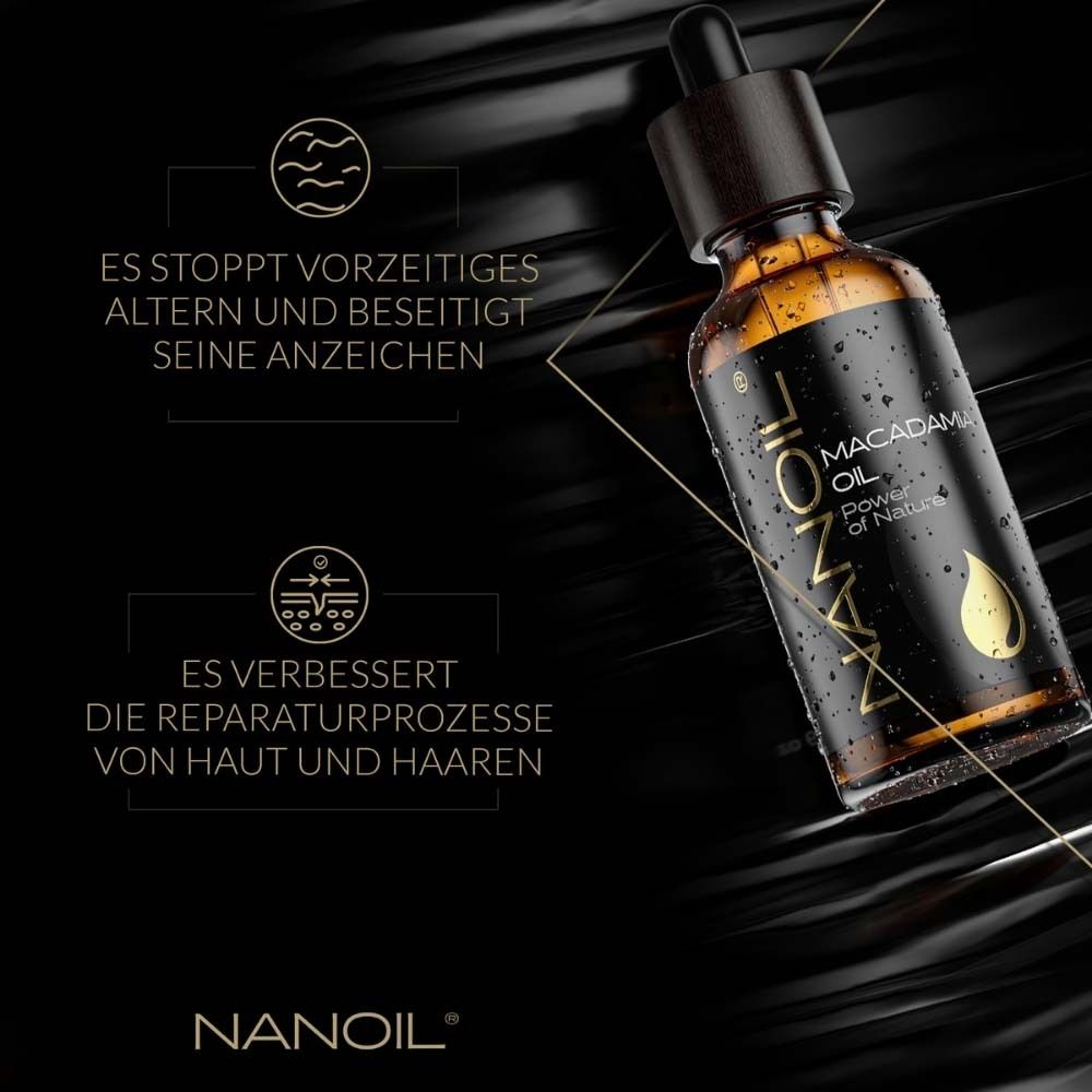 Flasche mit Produkt. Aufschrift: NANOIL Macadamia Oil. Text: Stoppt vorzeitiges Altern, verbessert Reparaturprozesse.