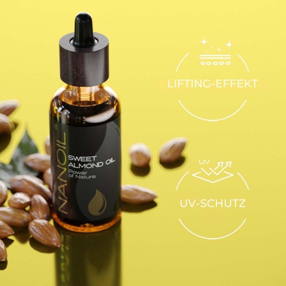 Flacon et symboles. Inscription: NANOIL Sweet Almond Oil. Symboles: effet lifting, protection UV.