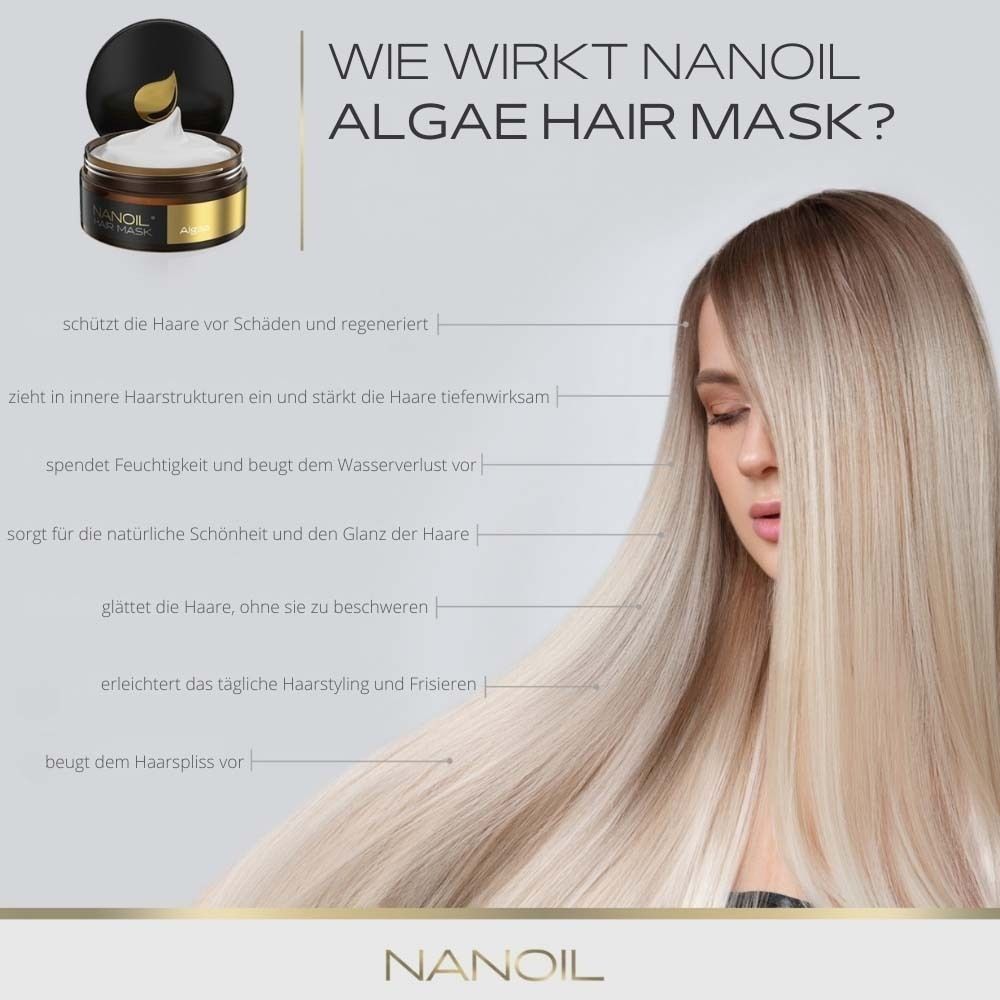 Frau mit blonden Haaren. NANOIL Hair Mask Tiegel. Text über Wirkungsweise. Produktname und Logo.