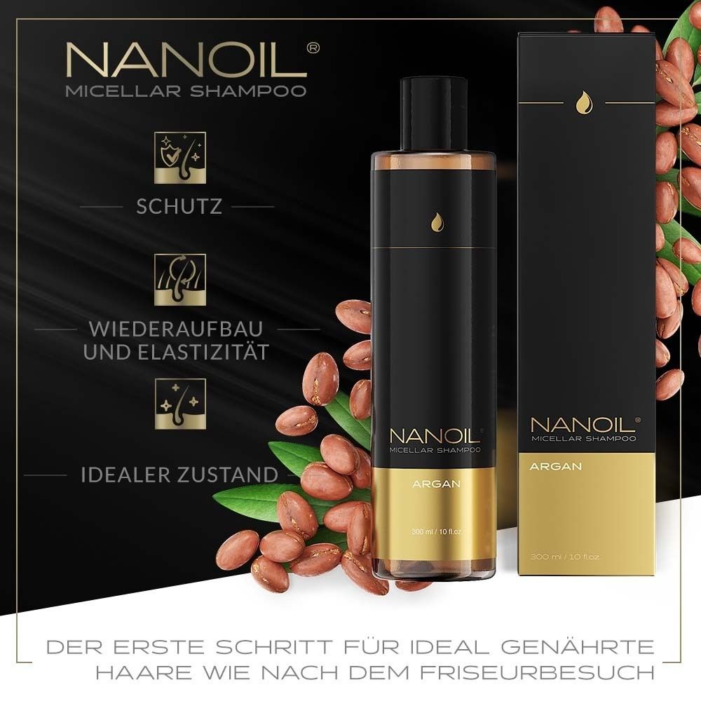 Shampoo micellaire NANOIL Argan. Produit avec emballage et noix d'argan. Éléments textuels.