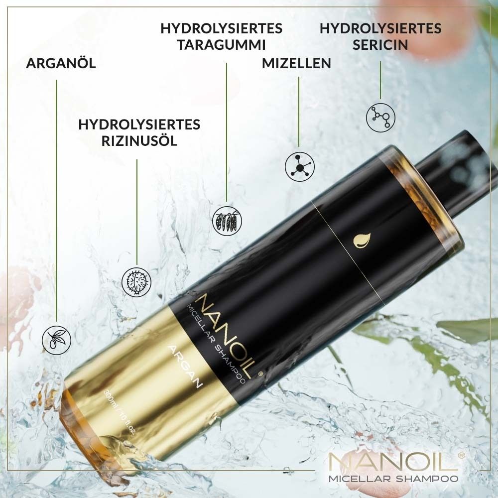 Shampoo micellaire NANOIL Argan. Produit avec indications d'ingrédients. Éléments textuels.