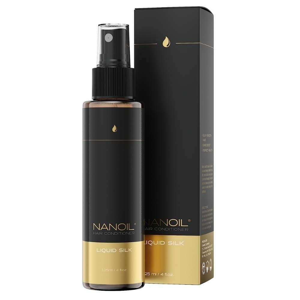 Schwarze Flasche mit Zerstäuber. Aufschrift: NANOIL HAIR CONDITIONER, LIQUID SILK. Mit Verpackung.