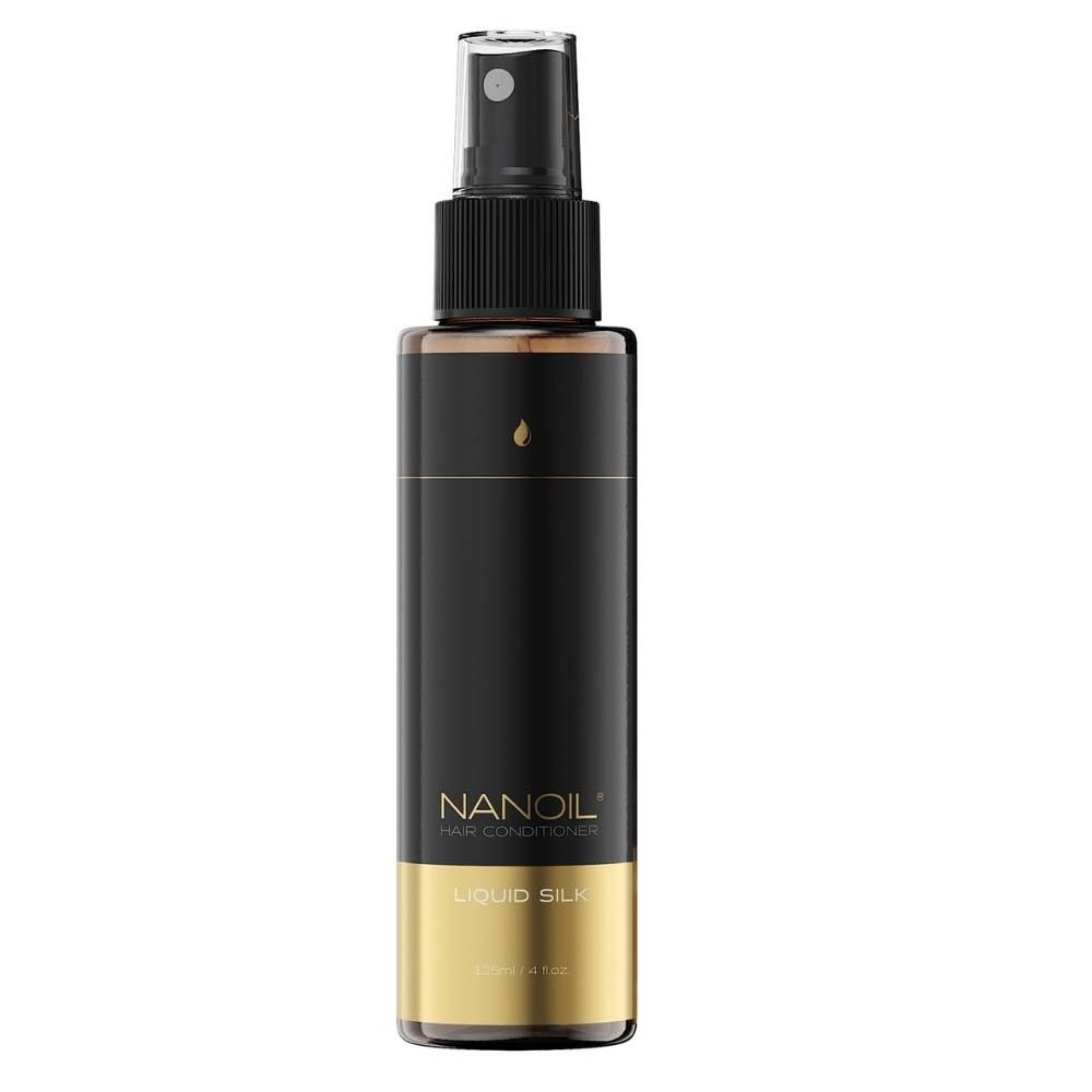 Schwarze Flasche mit Zerstäuber. Aufschrift: NANOIL HAIR CONDITIONER, LIQUID SILK. Goldfarbener Boden.