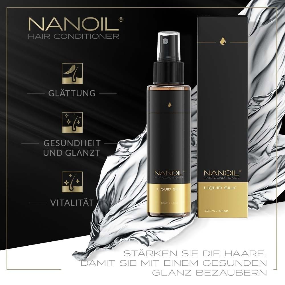 Werbebild. NANOIL HAIR CONDITIONER, LIQUID SILK. Icons für Glättung, Gesundheit, Vitalität. Mit Verpackung.