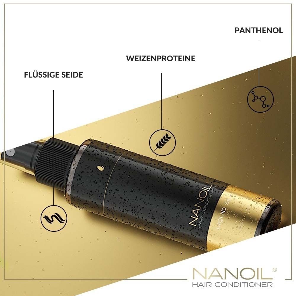 Produkt mit Inhaltsstoffen: Flüssige Seide, Weizenproteine, Panthenol. NANOIL HAIR CONDITIONER.