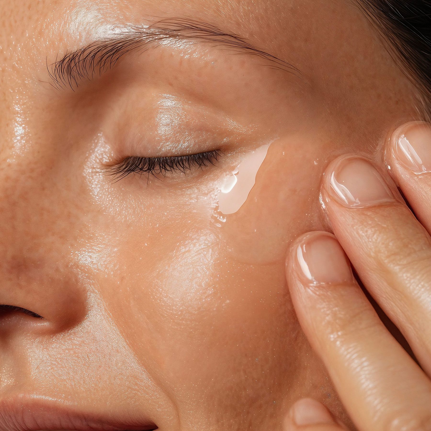 Gros plan d'une femme appliquant du gel sur son visage. Soin de la peau.