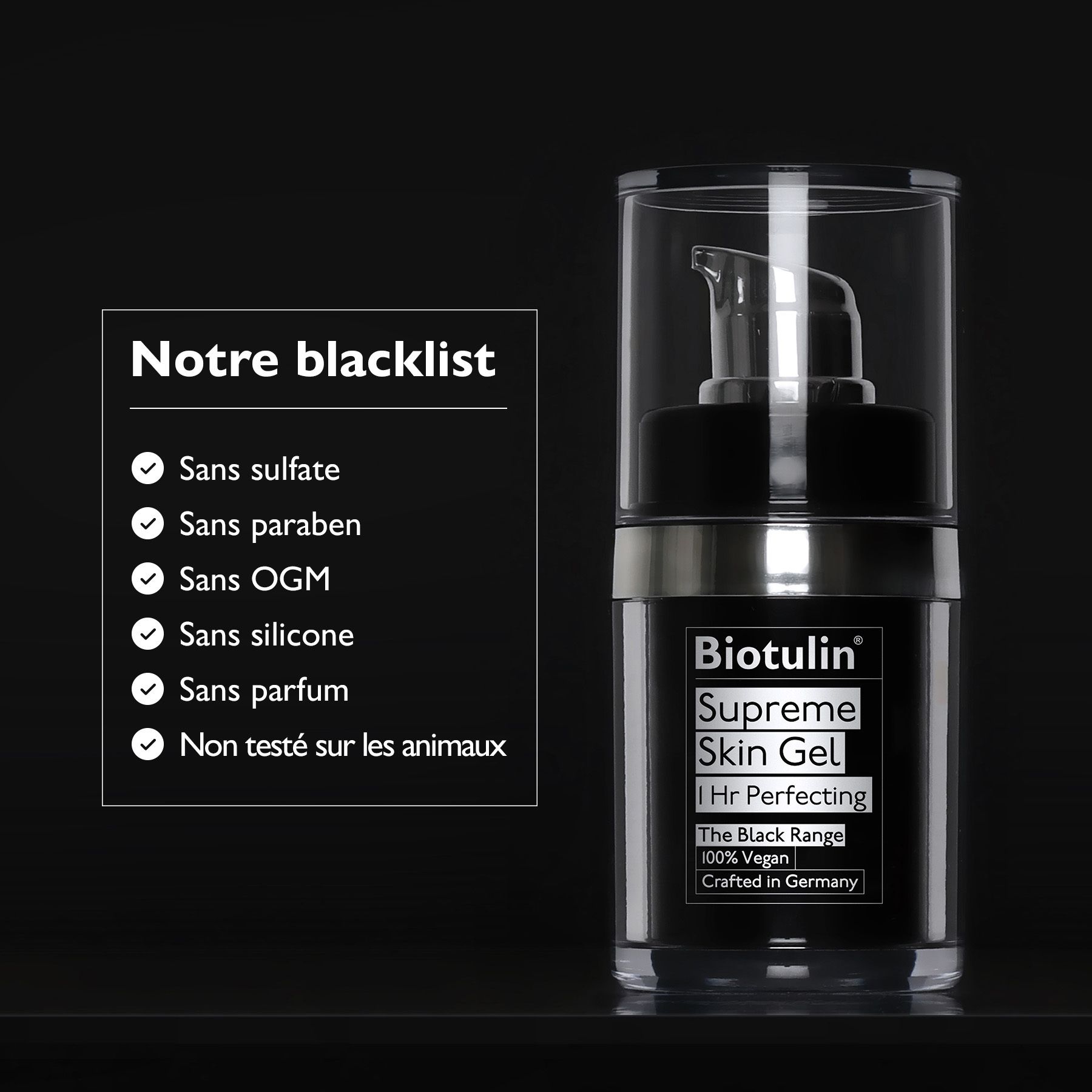 Biotulin Supreme Skin Gel en flacon noir avec distributeur. Notre liste noire.