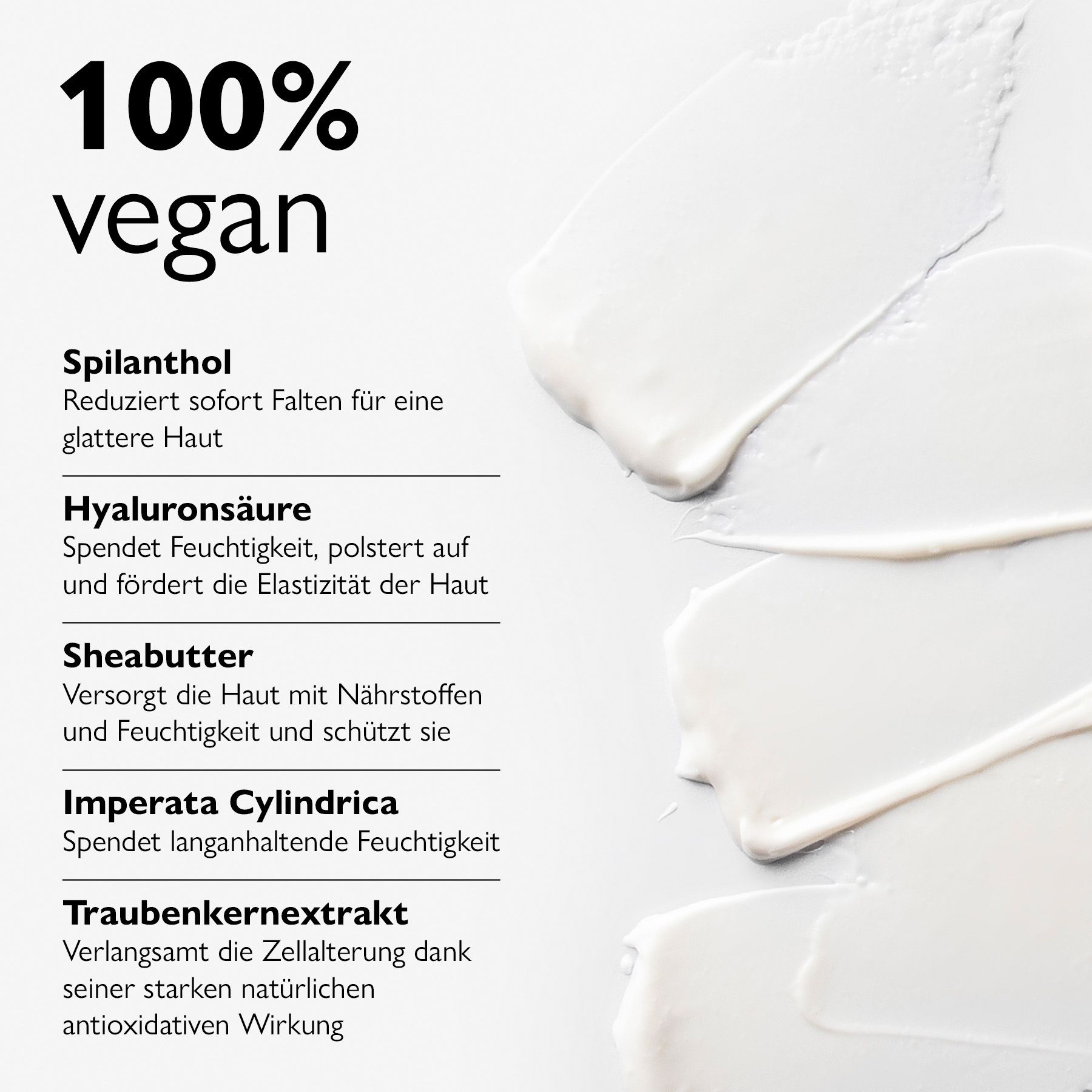 Text und Creme-Striche. Text: 100% vegan. Inhaltsstoffe: Spilanthol, Hyaluronsäure, Sheabutter.