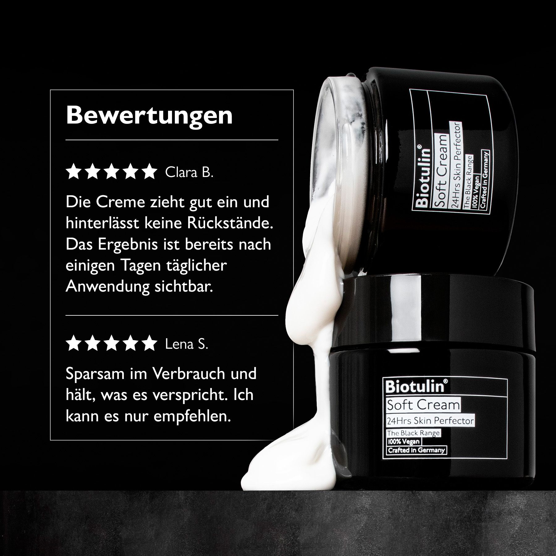Zwei schwarze Tiegel mit Biotulin Soft Cream. Text: Bewertungen. Zitate von Kunden.