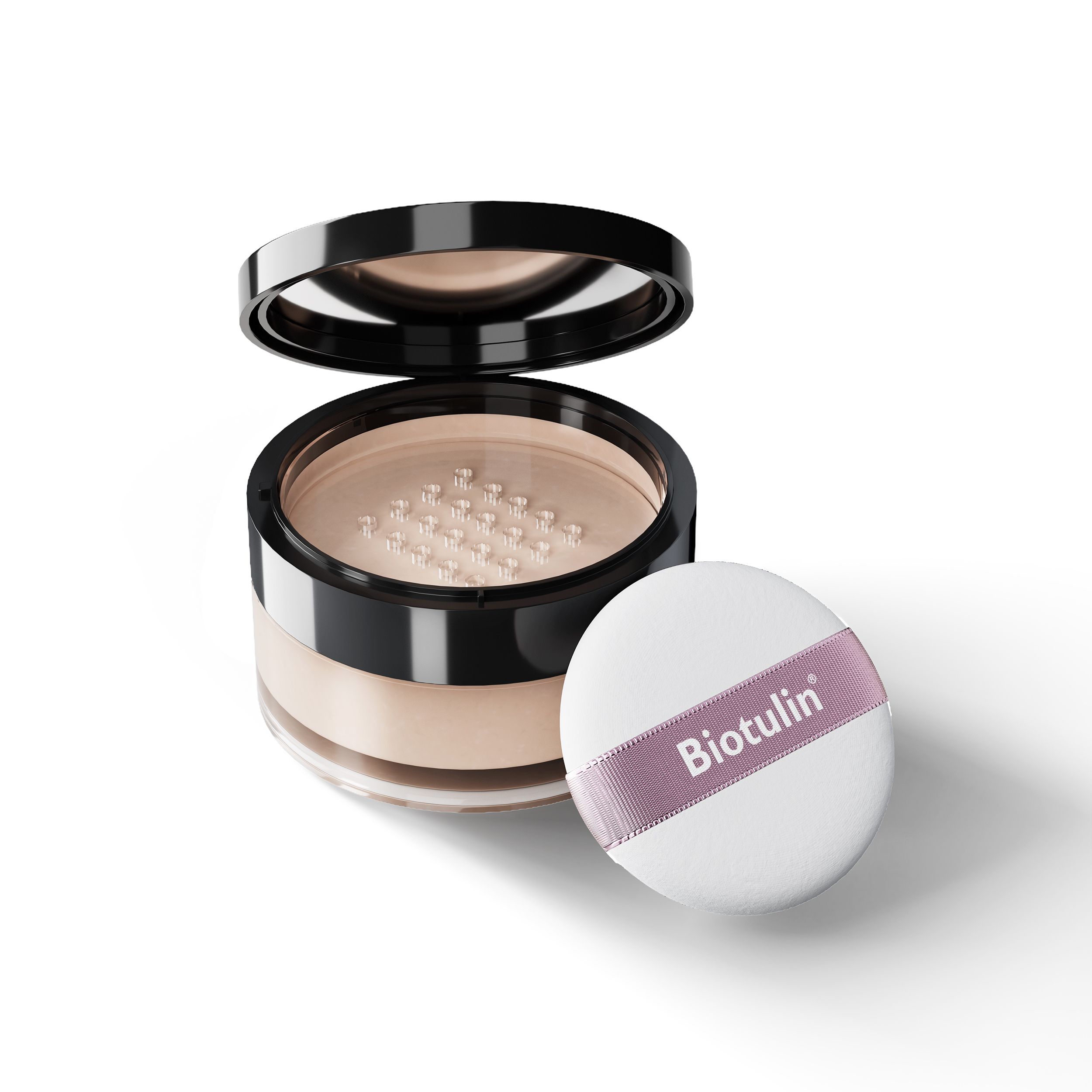 Puder-Dose mit schwarzem Deckel und Puderquaste. Auf der Quaste steht Biotulin.