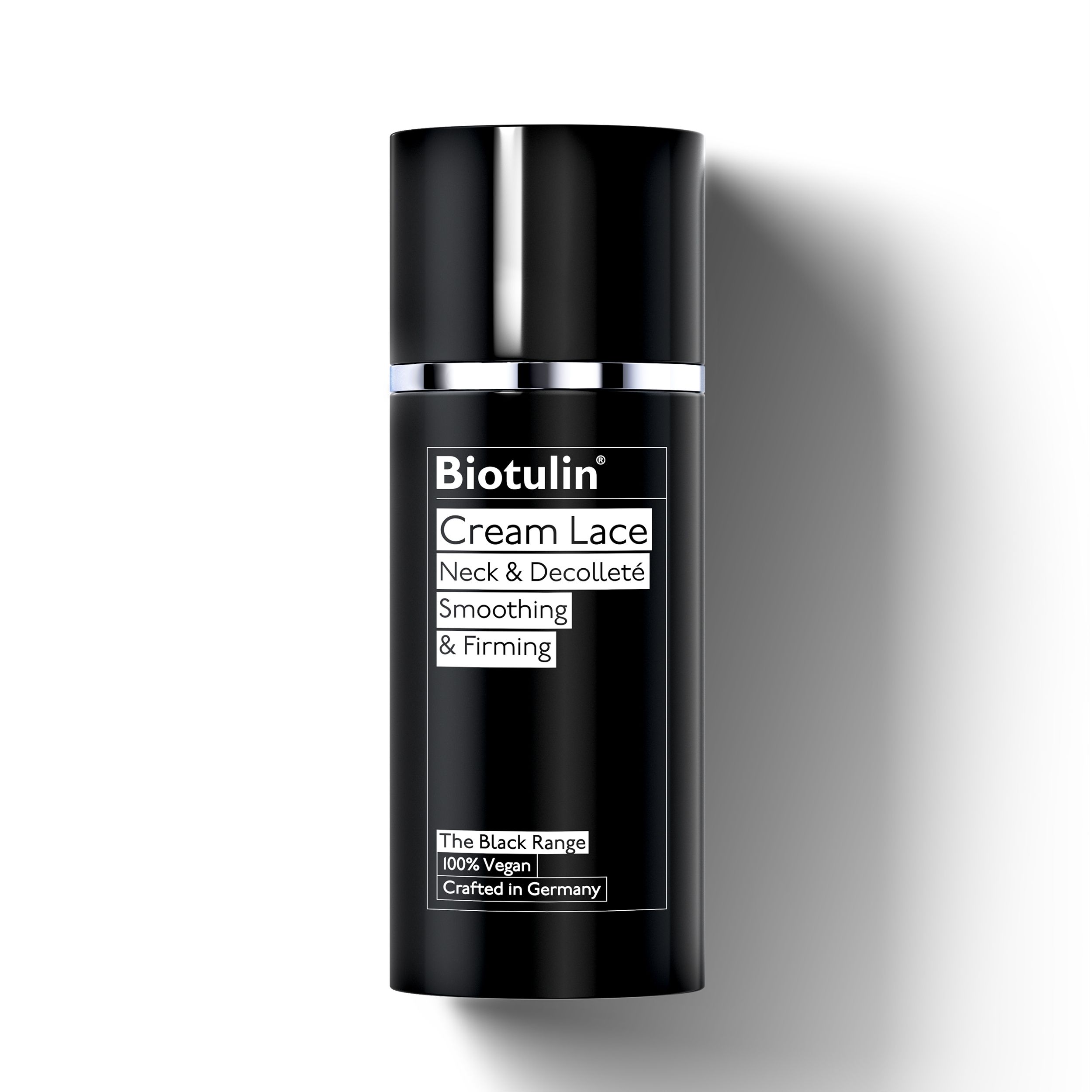 Schwarze Flasche mit silbernem Deckel. Text: Biotulin Cream Lace, Neck & Decolleté, Smoothing & Firming. Vegan.