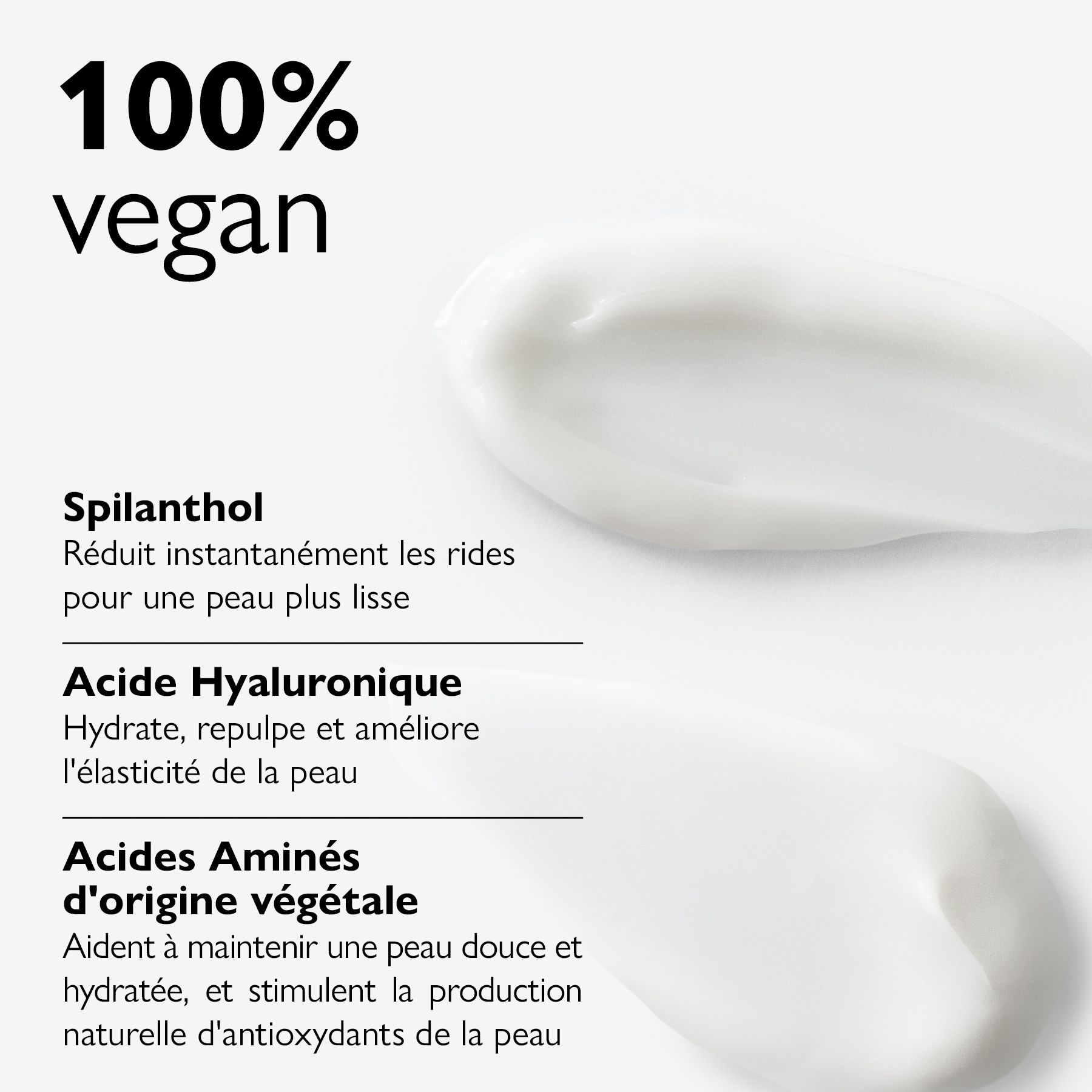 Texte: 100% vegan. Sections de texte sur le spilanthol, l'acide hyaluronique et les acides aminés végétaux.