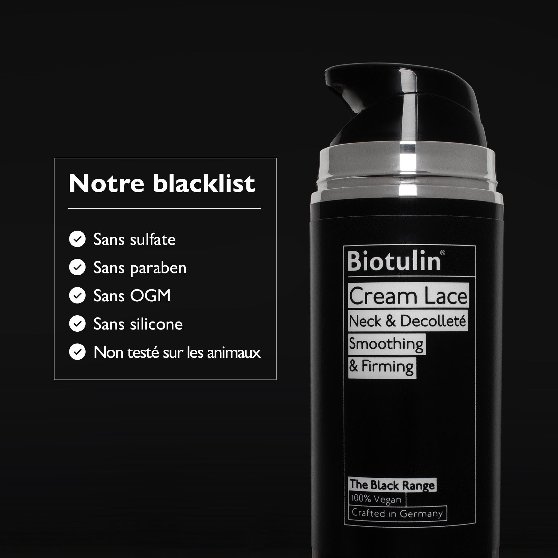 Flacon noir avec bouchon argenté. Texte: Biotulin Cream Lace, Neck & Decolleté, Smoothing & Firming. Vegan.