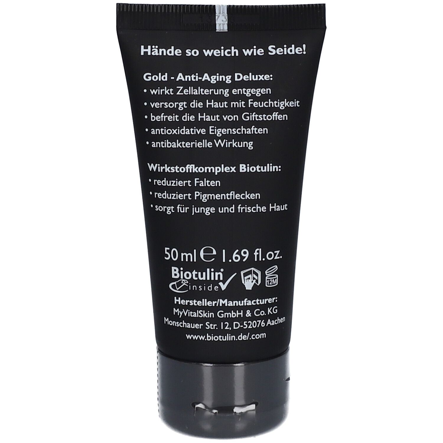 Rückseite der schwarzen Tube. Text: Gold-Anti-Aging Deluxe. Wirkstoffkomplex Biotulin. 50 ml.