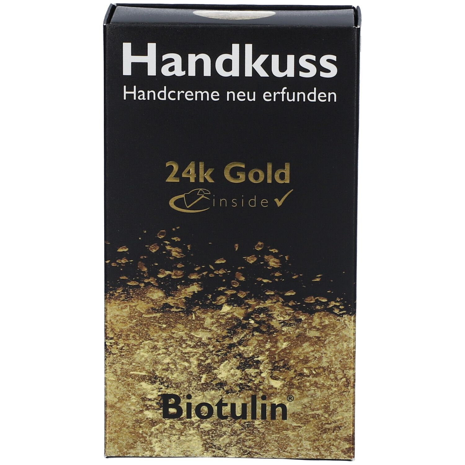 Schwarze Schachtel mit goldenem Aufdruck. Text: Handkuss, 24K Gold, Biotulin. Handcreme neu erfunden.