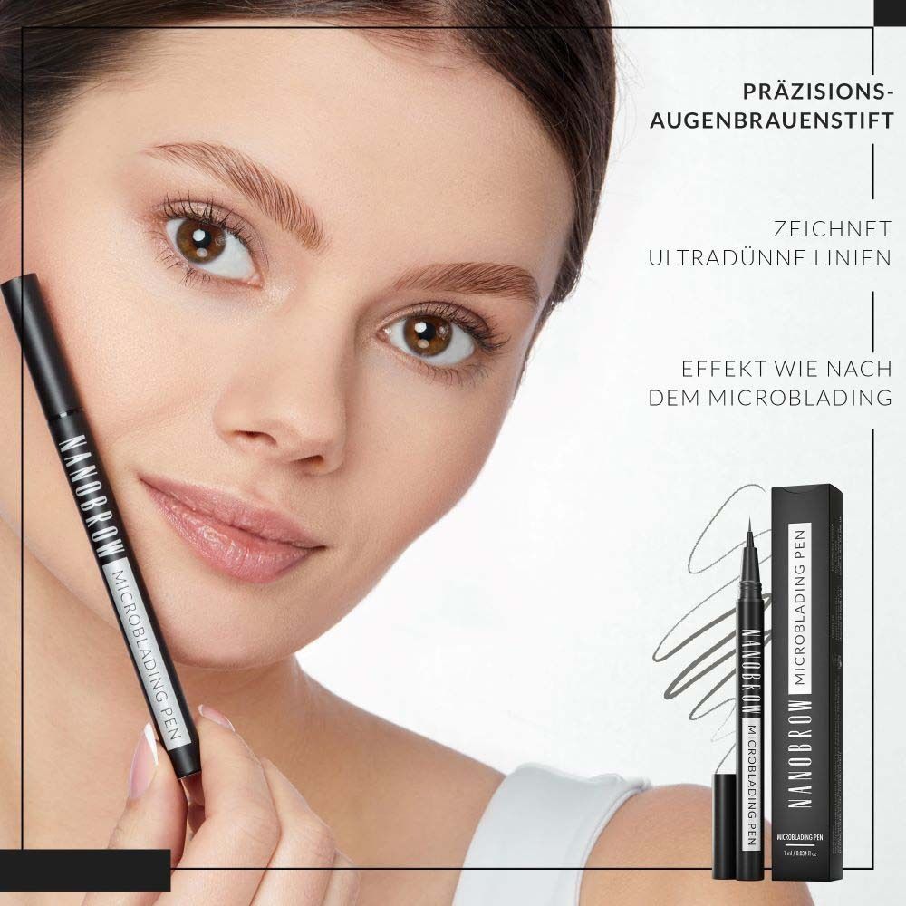 Femme tenant un stylo NANOBROW Microblading. Stylo noir, emballage. Texte: Stylo à sourcils de précision, lignes ultra-fines.