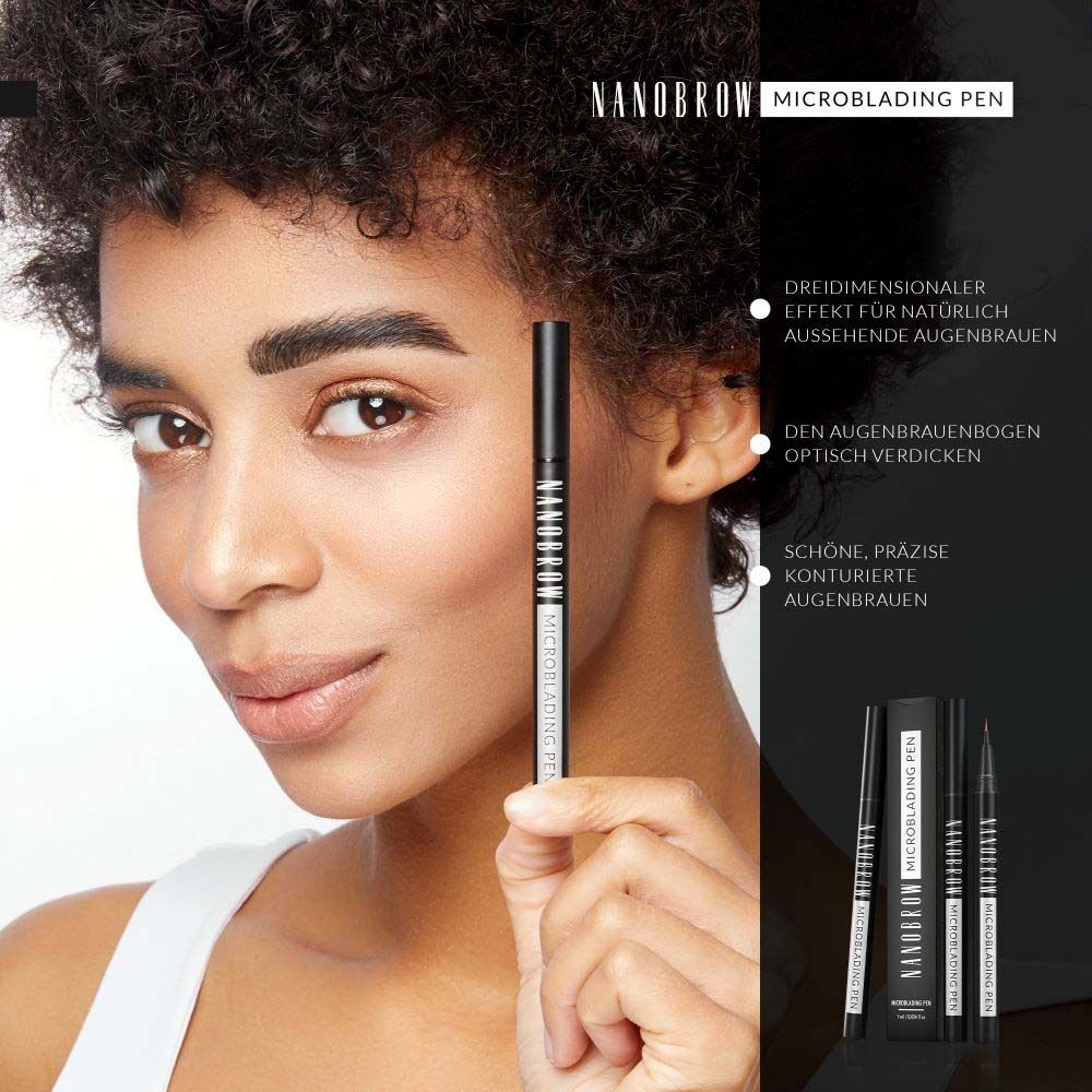 Femme tenant un stylo NANOBROW Microblading. Stylo noir, emballage. Texte: Effet 3D, sourcils naturels, contours précis.
