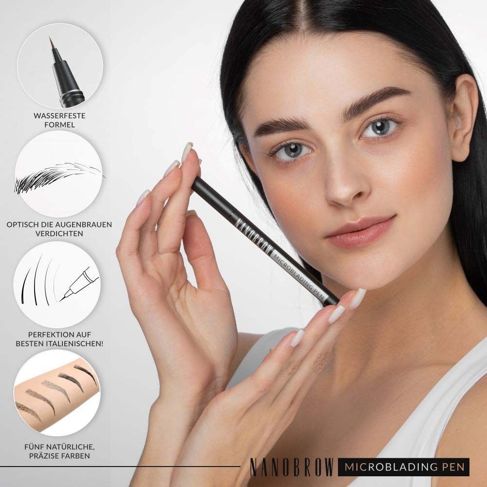 Femme tenant un stylo NANOBROW Microblading. Stylo noir, emballage. Texte: Formule résistante à l'eau, couleurs précises.