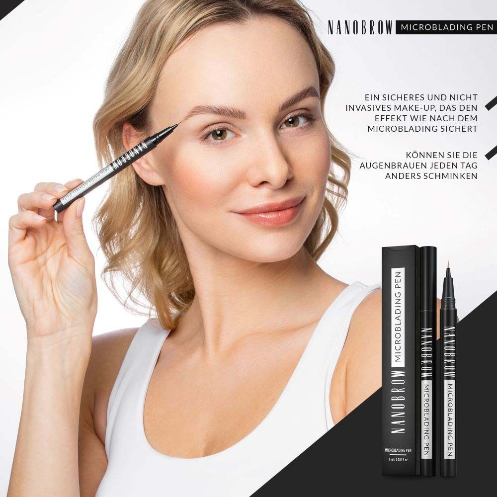 Femme tenant un stylo NANOBROW Microblading. Stylo noir, emballage. Texte: Maquillage sûr, sourcils à maquiller quotidiennement.