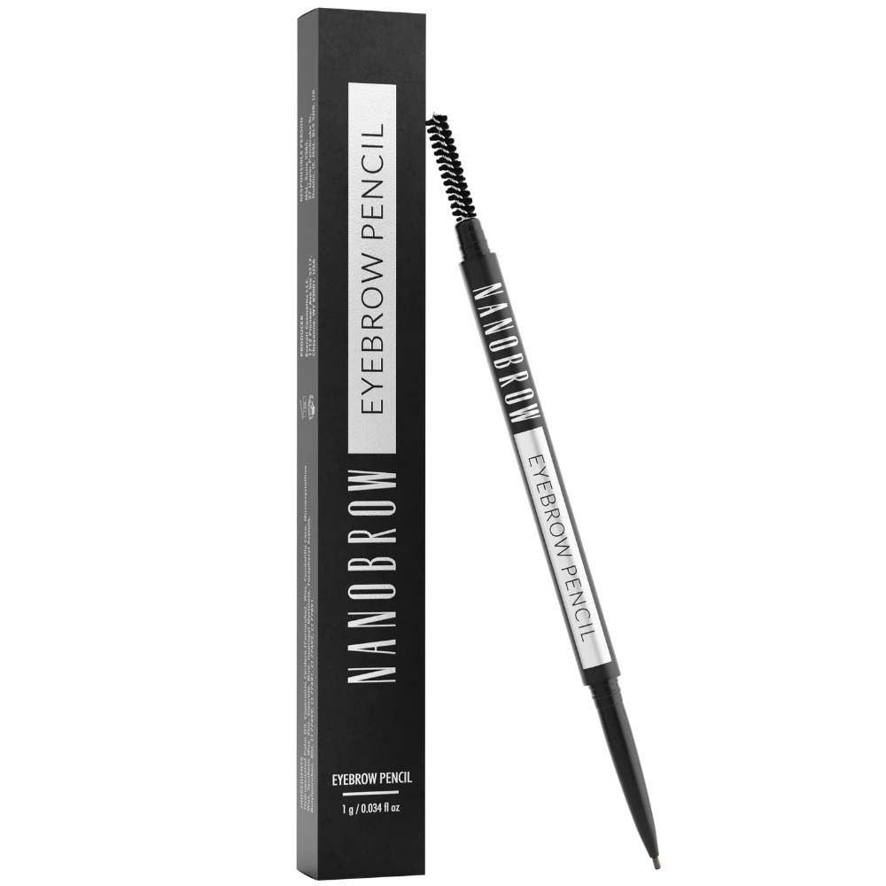 Schwarzer Augenbrauenstift mit Bürste. Verpackung mit NANOBROW-Logo.