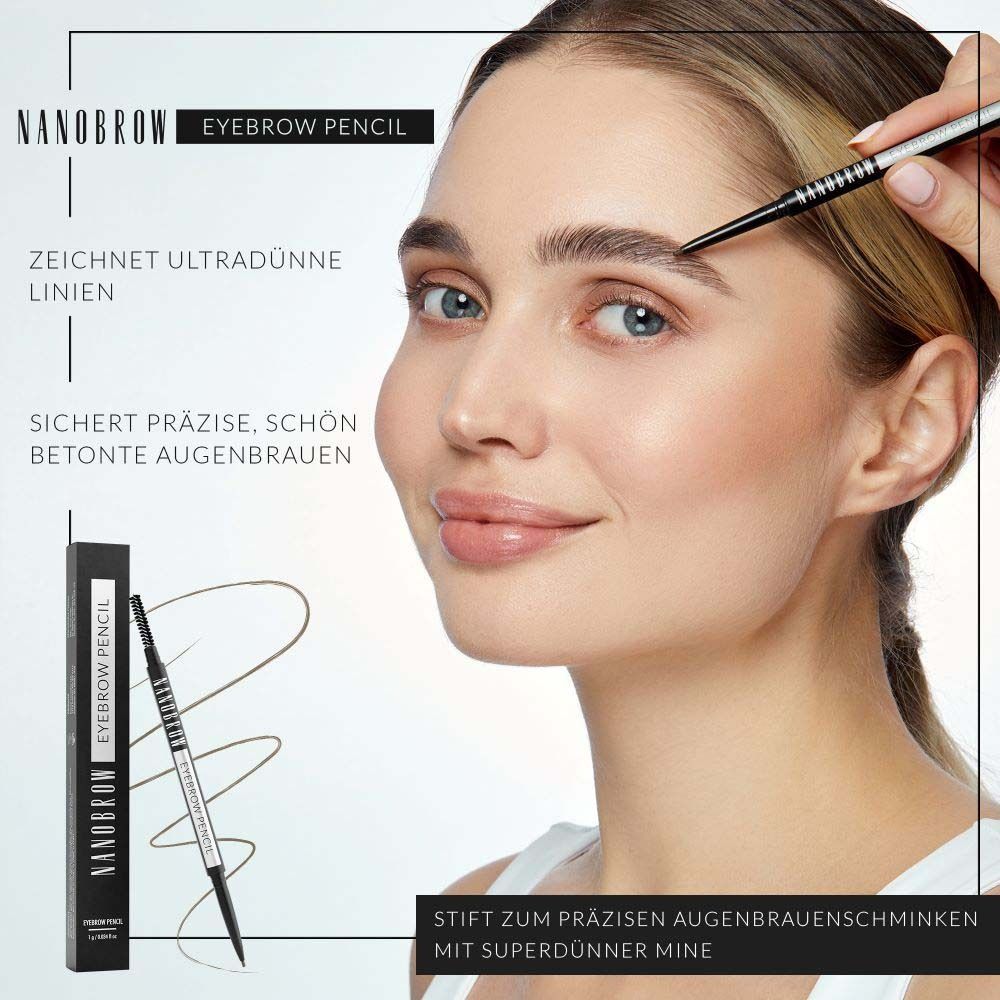 Frau mit Augenbrauenstift. Verpackung mit NANOBROW-Logo.