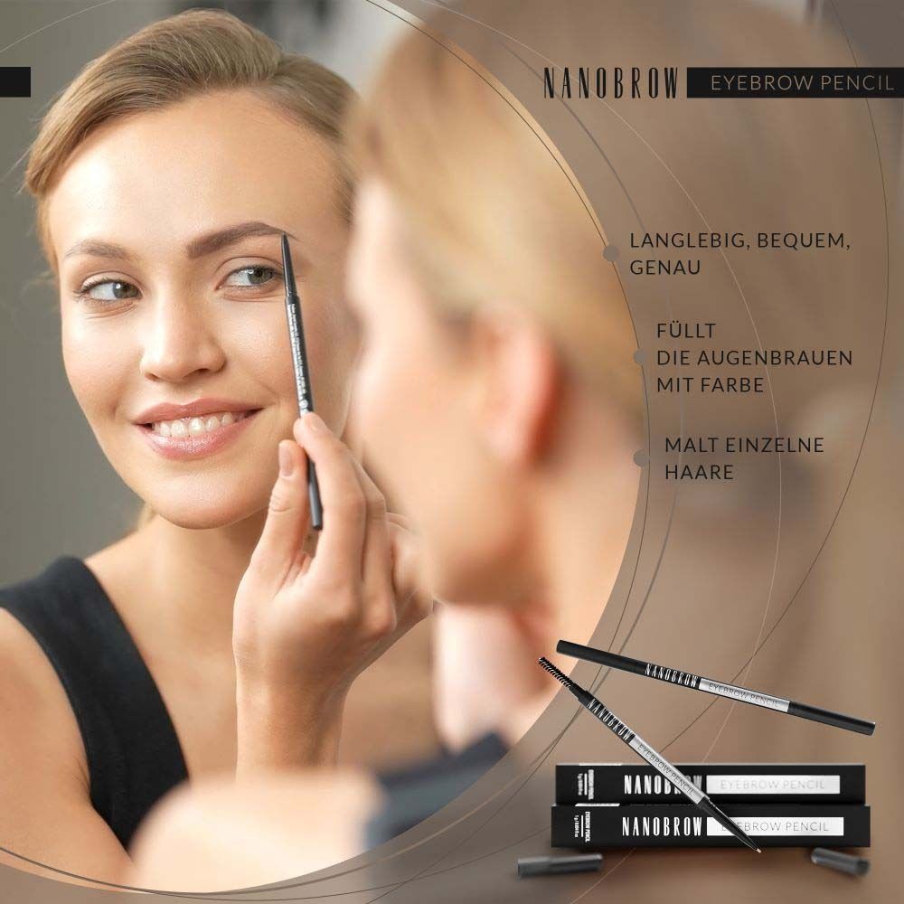 Frau mit Augenbrauenstift. Spiegelbild. Verpackung mit NANOBROW-Logo.