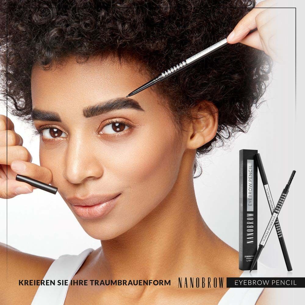 Frau mit Augenbrauenstift. Verpackung mit NANOBROW-Logo.