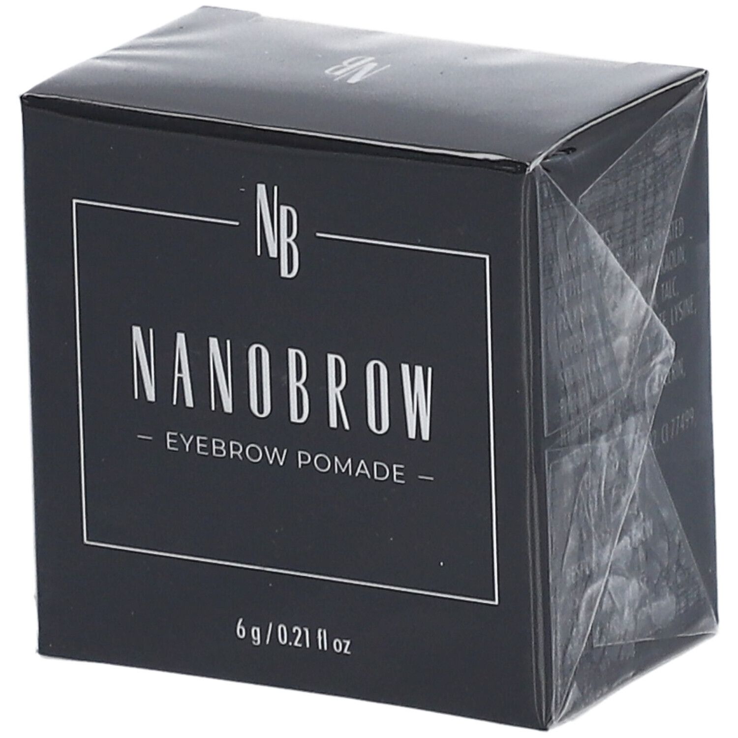 Boîte noire avec texte blanc. NANOBROW Eyebrow Pomade. 6 g / 0.21 fl oz. Emballage carré.