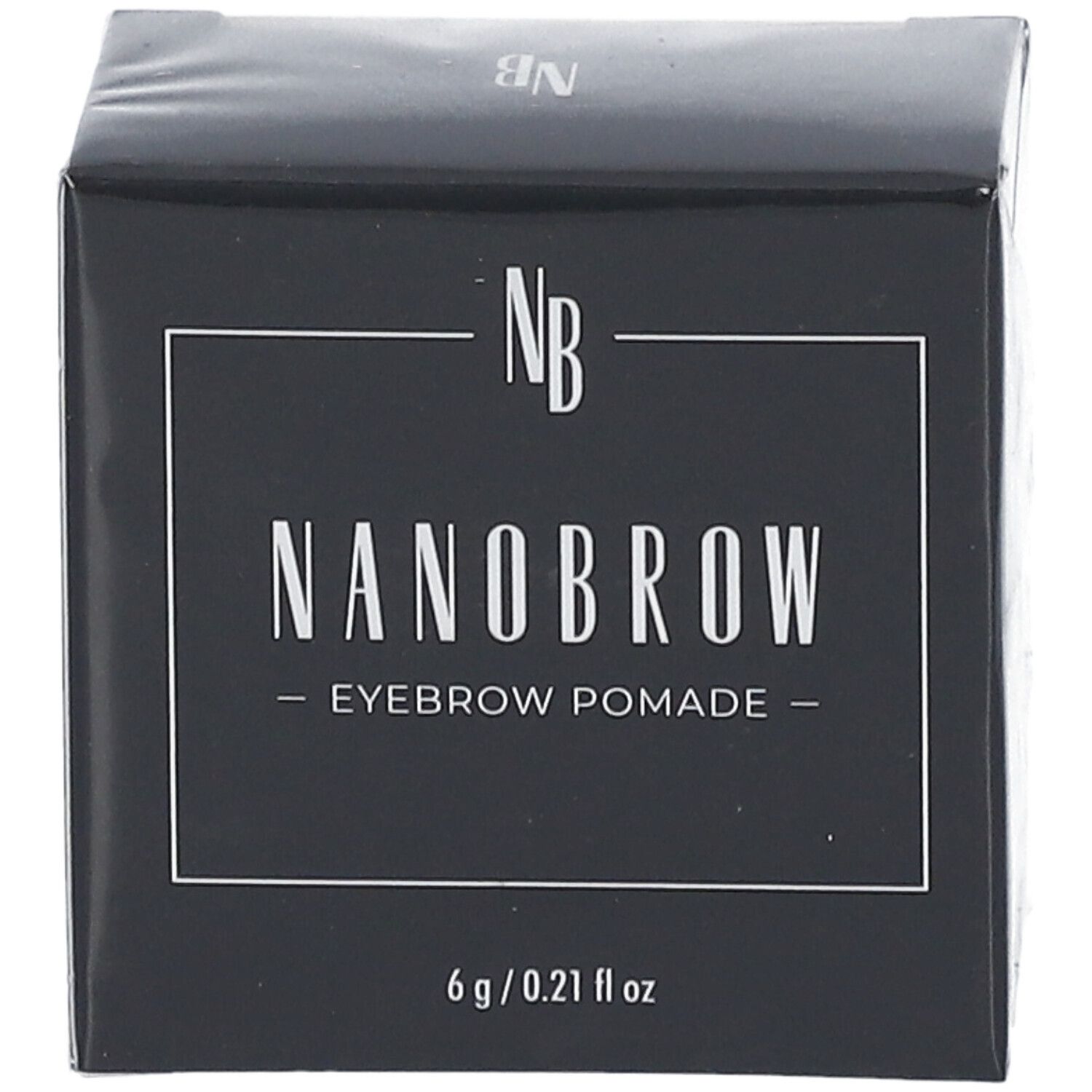 Boîte noire avec texte blanc. NANOBROW Eyebrow Pomade. 6 g / 0.21 fl oz. Forme carrée.