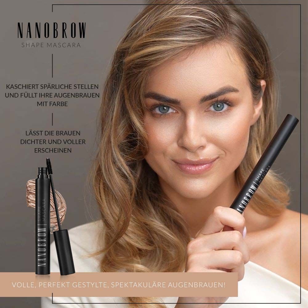 Frau mit Mascara und Verpackung. Auf der Mascara steht NANOBROW Shape Mascara. Text: Volle, perfekt gestylte Augenbrauen!