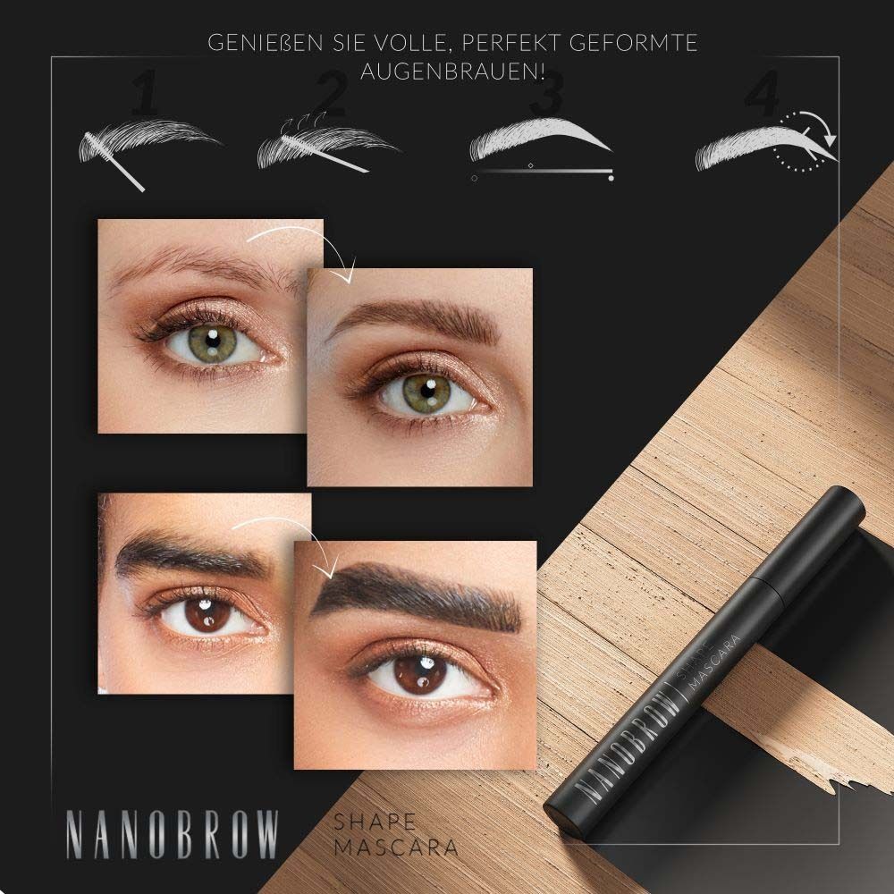 Augen mit Mascara. Auf der Mascara steht NANOBROW Shape Mascara. Text: Volle, perfekt geformte Augenbrauen!