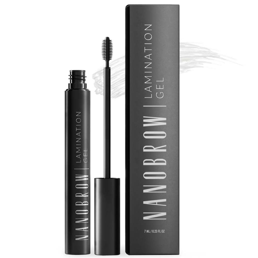 Schwarze Flasche und Verpackung von NANOBROW Lamination Gel. Enthält eine Bürste.