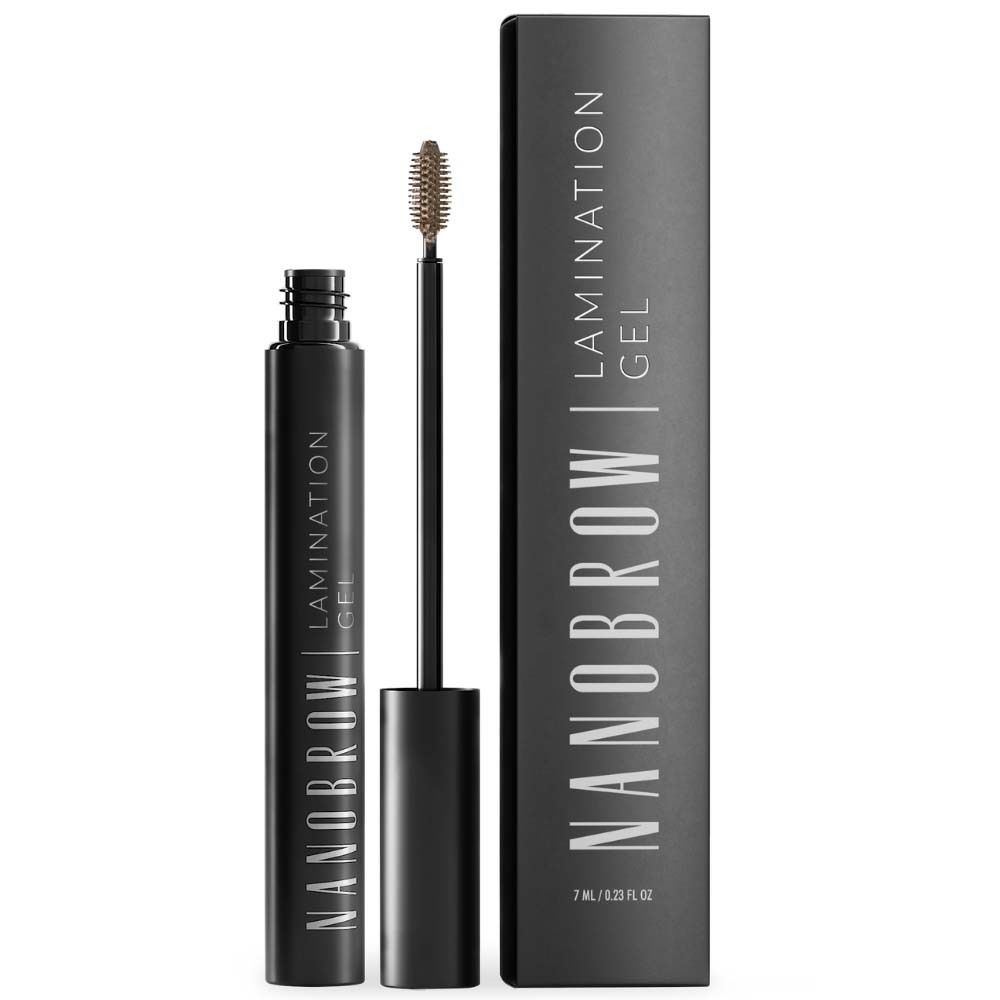 Schwarze Flasche und Verpackung mit der Aufschrift NANOBROW Lamination Gel. Bürste sichtbar.