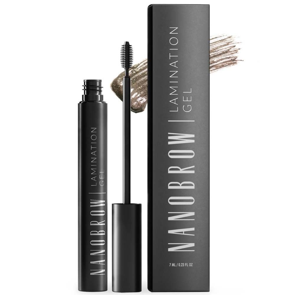 Schwarze Flasche und Verpackung mit der Aufschrift NANOBROW Lamination Gel. Bürste mit Produkt.