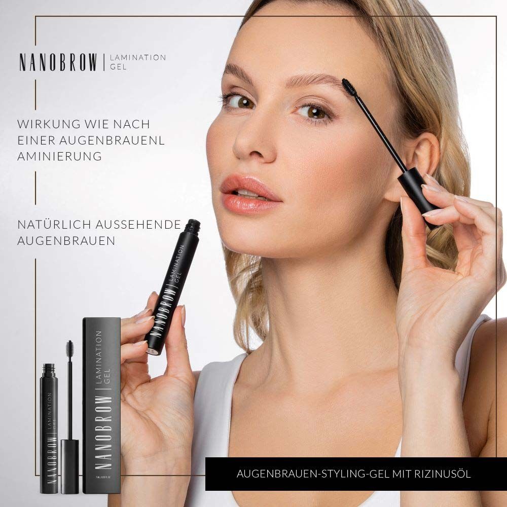 Frau mit NANOBROW Lamination Gel. Produkt und Verpackung sichtbar. Text: Augenbrauen-Styling-Gel.